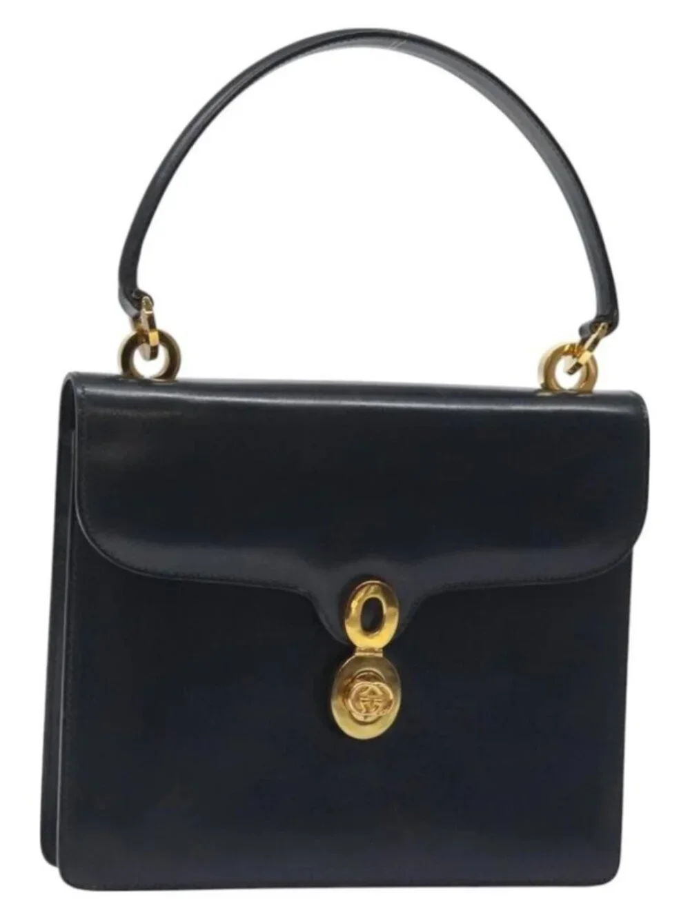 GUCCI Hand Bag Leather Navy Gold Auth - Picture 1 of 16